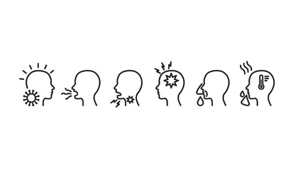 Medical Illness Symptoms Line Icons Set. Headache, Fever, Cough, Sore Throat, Runny Nose Vector
