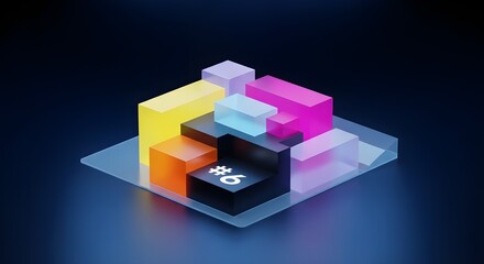 Abstract 3D Render of Colorful Translucent Geometric Cubes on Dark Blue Background