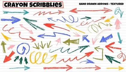 Colorful Hand Drawn Crayon Arrows Set. Textured Scribbles Collection.