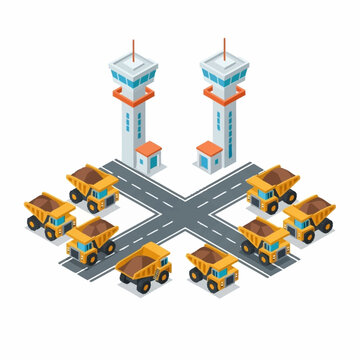 Isometric Construction Trucks and Airport Control Towers Illustration.
