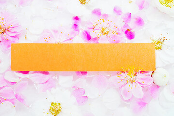 水に浮かべた梅の花を背景にしたオレンジ色の和紙の文字スペースのモックアップ