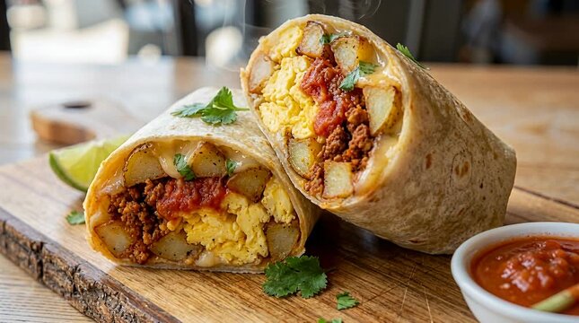 Savory breakfast burrito stuffed with scrambled eggs, potatoes, and savory meat with salsa and lime wedges.