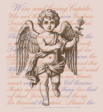 cute vintage cherub angels with wings in engraving style