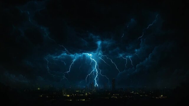 A bright blue lightning bolt illuminates a dark night sky over a cityscape with a shallow depth of field and cinematic lighting.