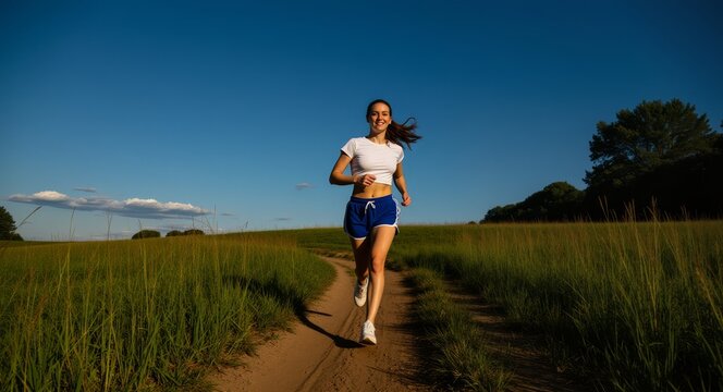 Sportliche junge Frau beim Joggen auf schmalem Naturweg durch sommerliche Landschaft, dynamische Bewegung im Abendlicht, Symbol f&uuml;r Fitness, Ausdauer, gesunden Lebensstil und mentale Freiheit