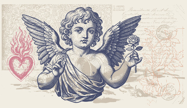 cupid illustration. Whimsical hand drawn vintage cherub collection with hearts, in engraving art