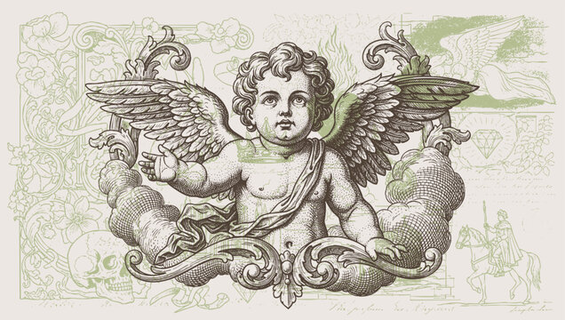 cute vintage cherub angels with wings in engraving style