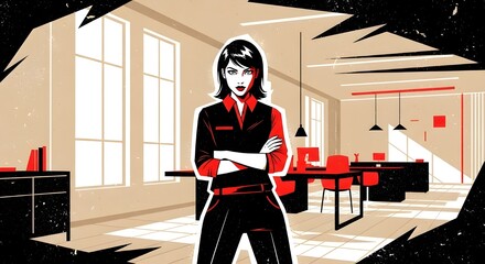 Bold Graphic Illustration of a Confident Businesswoman with Crossed Arms in a Modern Office