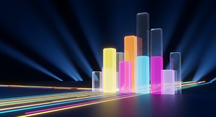Abstract Data Visualization with Colorful Glowing Bars and Dynamic Light Streaks 3D Render
