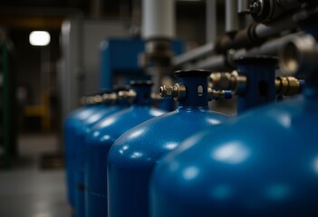 Fototapeta premium Reihenweise angeordnete blaue Gasflaschen in industrieller Umgebung mit Ventilen und Armaturen, Symbol für moderne Energieversorgung, technische Infrastruktur, Sicherheit und professionelle Industriep