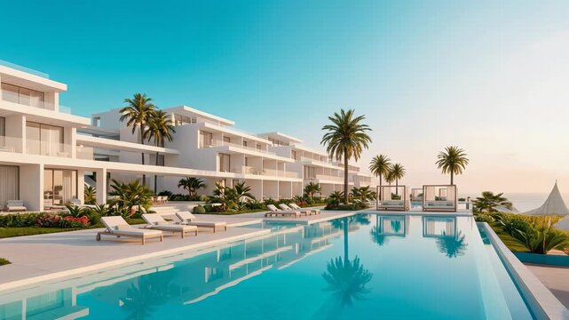 Firefly exploring a serene resort paradise with stunning architecture and inviting pools for luxury travel