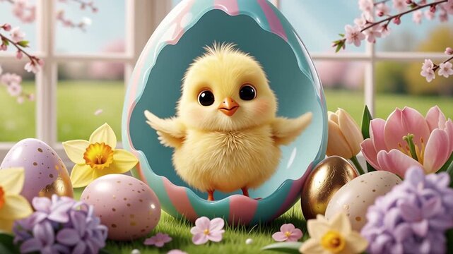 Cute Easter Chick Hatching from Egg, Spring Holiday Illustration