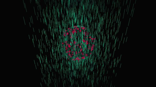 Procedural 3D wireframe sphere responding to falling data streams with glitch artifacts. Cyberpunk network security visualization for hacking and DDOS concepts. Seamless loop, computed geometry.