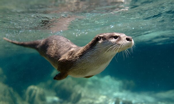 an otter swimming upward