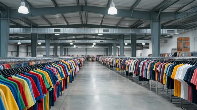 Explore a vibrant clothing warehouse filled with colorful t shirts showcasing fashion and retail variety
