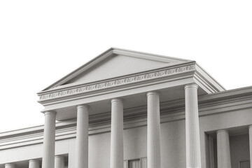 Fototapeta premium Classical building facade with fluted columns and decorative pediment, realistic 3D Rendering style, isolated on white background, concept of architecture