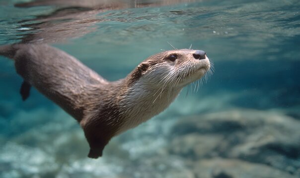 an otter swimming upward