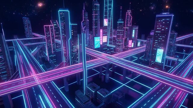 Firefly exploring a vibrant cyberpunk cityscape with neon lights and futuristic urban atmosphere