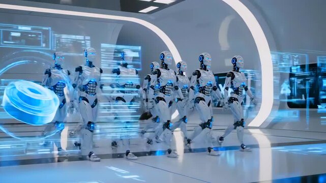 humanoid robots gather in holographic lab, chrome androids in formation under blue diagnostic displays, synchronized movement and AI control panels, curved sterile corridor, corporate