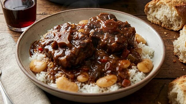 Slow cooked braised oxtail stew served over fluffy white rice with butter beans, close-up oxtail, beef, meat.