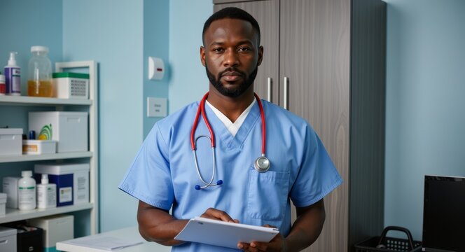 Professioneller Krankenpfleger mit Klemmbrett im medizinischen Lagerraum, kontrolliert Medikamente und Dokumente, Symbol f&uuml;r Gesundheitswesen, Organisation, Verantwortung und Pflegealltag
