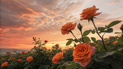 Vibrant orange roses in full bloom at sunrise with misty mountain backdrop and golden sky