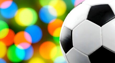 Naklejka premium Classic black and white soccer ball close-up with vibrant colorful bokeh lights in the background, symbolizing sports and celebration.
