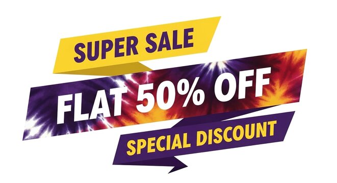 A vibrant graphic banner announcing a "SUPER SALE" with "FLAT 50% OFF" and "SPECIAL DISCOUNT" on a colorful background.