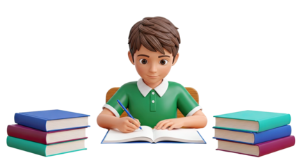 3D cartoon boy writing in a book with stacks of books