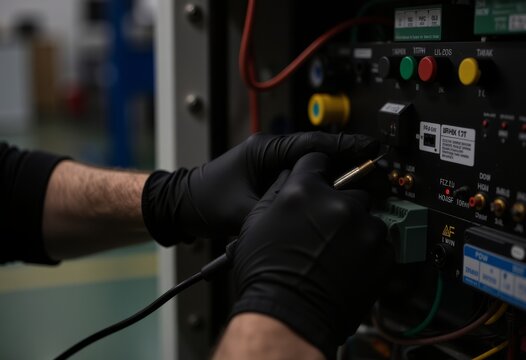 Techniker mit Schutzhandschuhen arbeitet konzentriert an offenem Serverschrank, Kabel und Elektronik im Detail, professionelle IT-Wartung, Sicherheit, Pr&auml;zision und moderne Infrastruktur Rechenzentrum