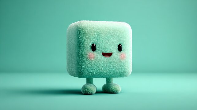 Cute fuzzy cyan square character standing in studio setting
