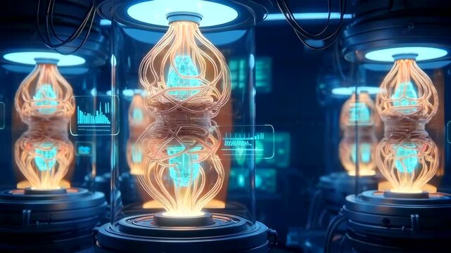 holographic reactors with pulsing filaments inside futuristic vault, warm amber filaments wrap crystalline cores, engineering console logs power cycles, specialist calibrates resonance