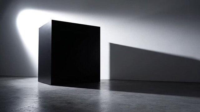 Minimalist black monolith stands dramatically in a spotlighted concrete room casting shadows