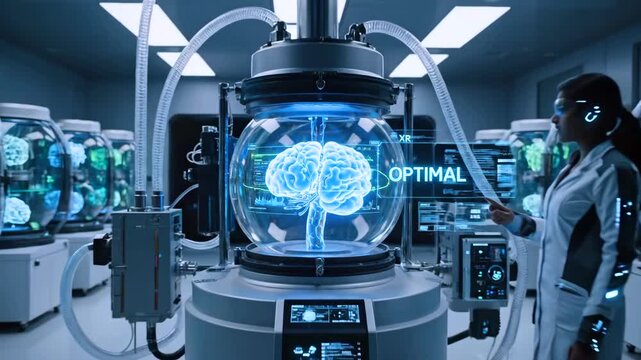 neuroscientist monitoring brain simulation inside transparent bioreactor with realtime eeg overlays and neural activity charts, sterile lab environment with multiple brain tanks
