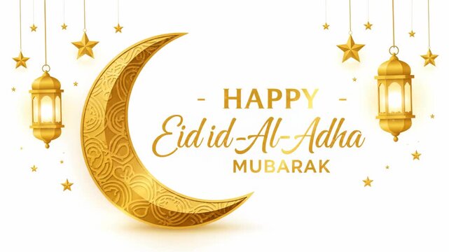 Eid Al Adha Greeting with Crescent Moon Lanterns.