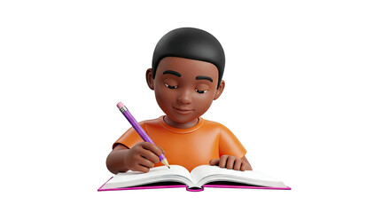 3D cartoon boy writing in a book with a purple pencil