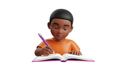 3D cartoon boy writing in a book with a purple pencil