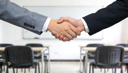 Handshake in classroom training room with desks and whiteboard background corporate education agreement mentorship partnership and professional seminar meeting