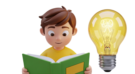 Boy Reading Book with Glowing Light Bulb