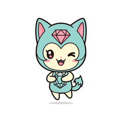 Obraz premium Cute cartoon character wearing blue fox costume with diamond emblem
