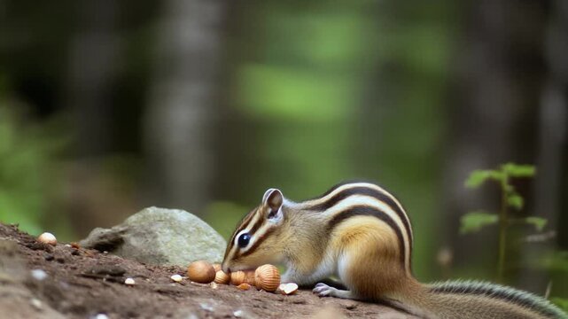 Eastern Chipmunk Foraging in Forest: Close-Up of Wild Animal Gathering Nuts