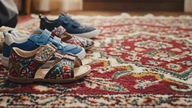 Warm Cinematic 4K Video of Traditional Family Footwear Lined Up on an Oriental Rug During Eid al-Fitr Celebration Gathering