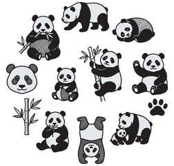 A collection of cute giant pandas in various poses, including eating bamboo, sleeping, climbing, and playing, with a bamboo stalk and paw print.