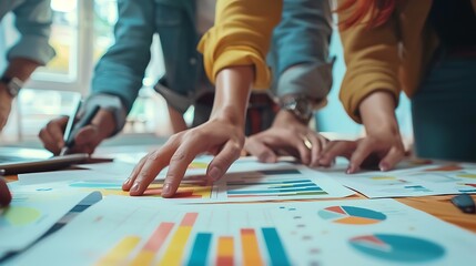 Obraz premium Multiple hands point at colorful bar graphs and pie charts spread across a wooden table during a meeting.