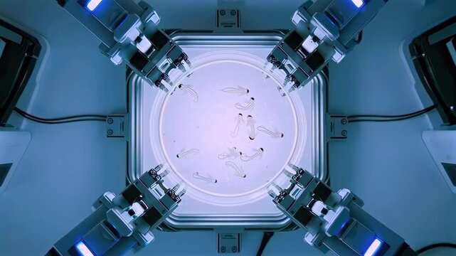 automated robotic arms performing micro injections on culture plate, precision alignment under bright sterile light, lab automation executes repeatable assay cycles for high throughput