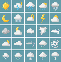 Obraz premium Flat weather icon set on teal tiles featuring sun moon clouds rain snow lightning and hurricane forecast interface symbols.