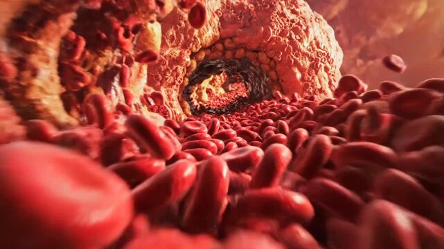 clogged artery interior with cholesterol plaque narrowing lumen, red blood cells squeezing through stenosis, gritty textured vessel wall conveying progressive atherosclerosis and risk