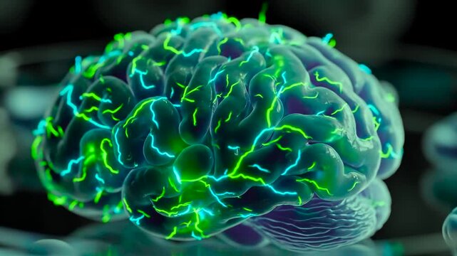 glowing brain cortex showing neural activity and synaptic connectivity with luminous pathways and pulsed signaling, highcontrast visualization for neurology research, cognitive mapping