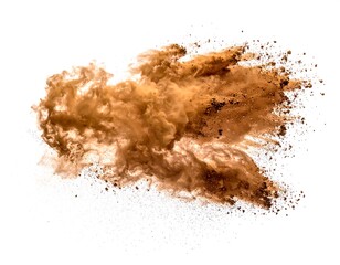 A cloud of brown powder explodes in mid-air against a white background
