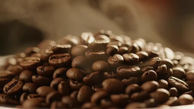 Roasted coffee beans with steam rising